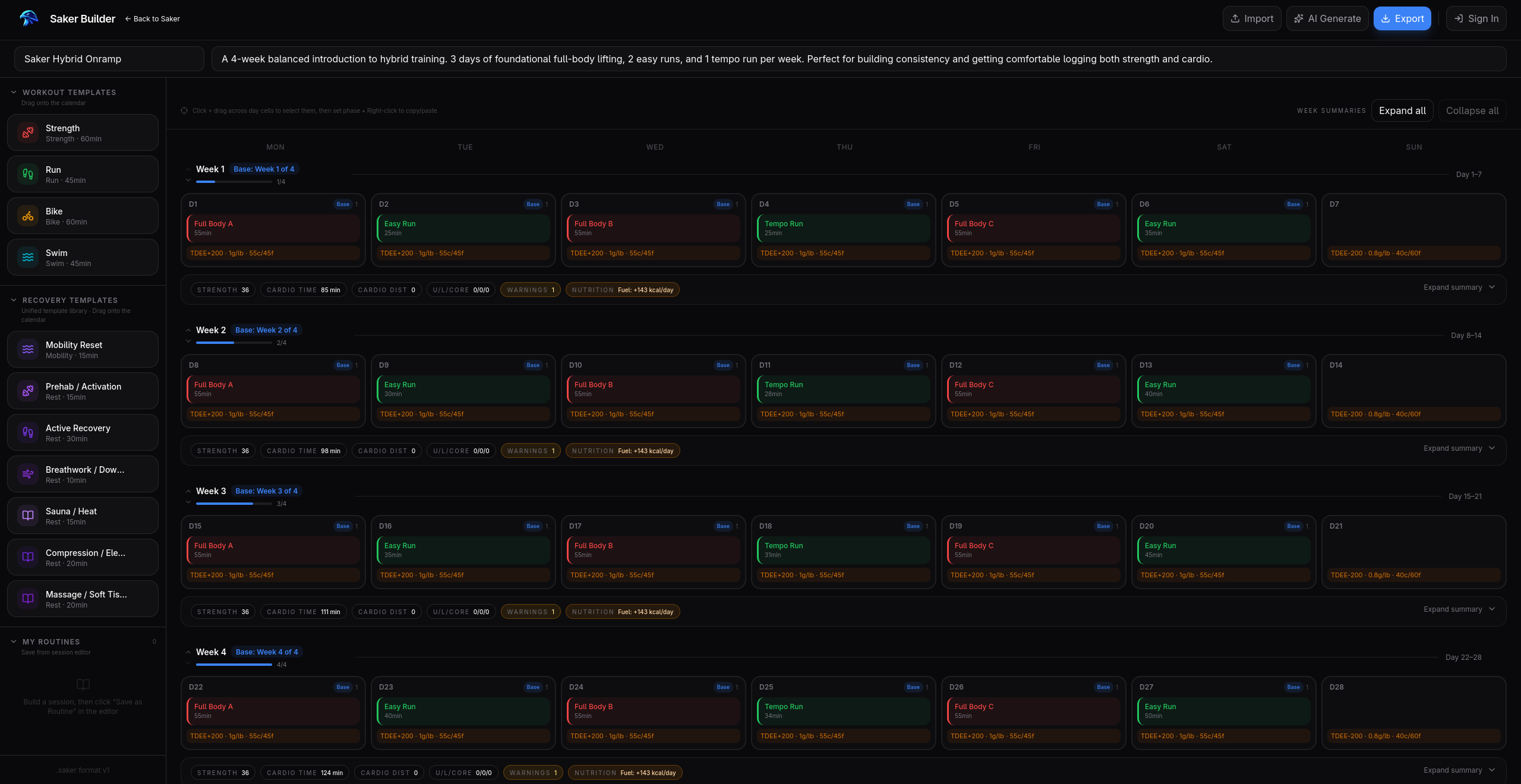 Saker Builder week planning interface